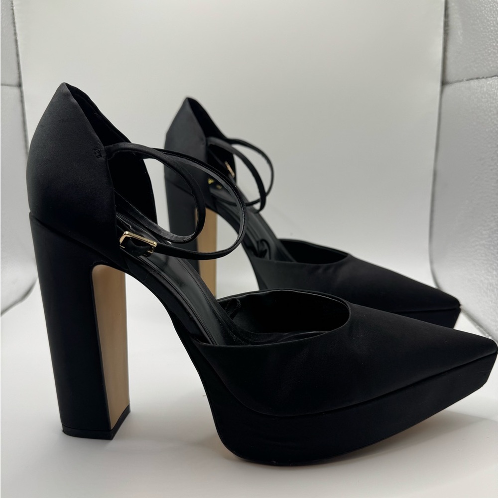 Zara Black Satin Ankle Strap Heels Pumps Pointed Toe 8 (38) - Picture 3 of 9